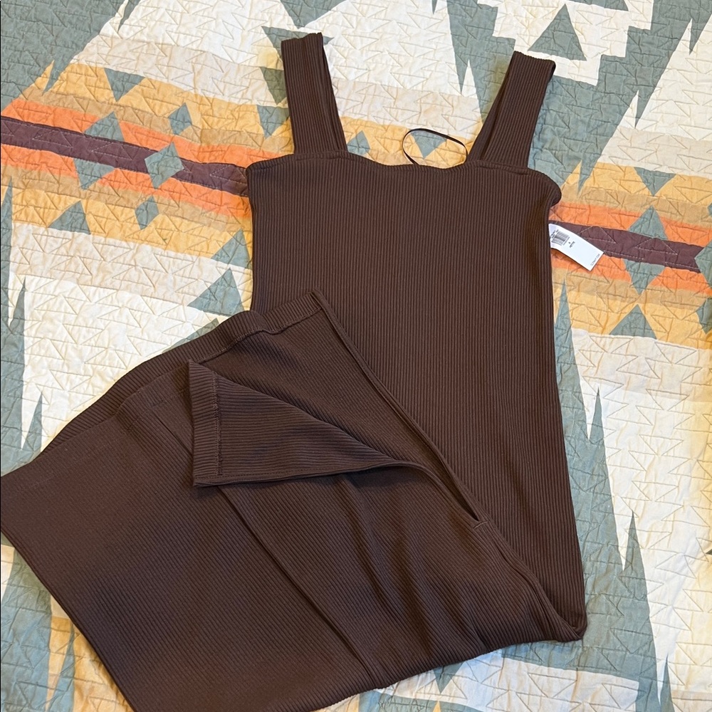 Old Navy Petite Ribbed Square-Neck Midi Dress — Brown
